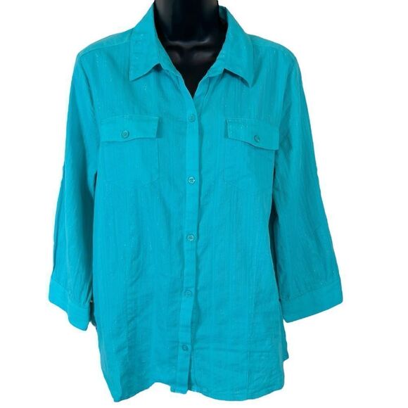 SagHarbor Turquoise Metallic Striped Button Down Shirt - Picture 1 of 12